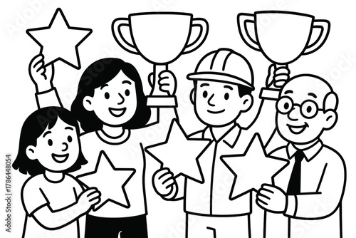 Trophy Celebration Coloring. Celebrating achievements children?s coloring book illustration, outlined drawing,