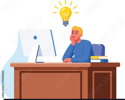 Businessman Has Brilliant Idea While Working at Computer Desk Concept Illustration