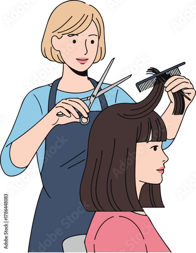 Professional Female Hairdresser Cutting Client s Hair with Scissors and Comb Illustration