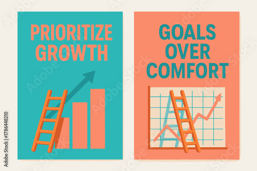 Growth and Goals Banners. Prioritize growth. Two vertical A6 banners with safe margins, centered composition, no elements touching edges, modern, turquoise and