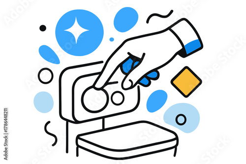 Flush Button Artistry. Toilet Flush Button. Hand reaching for toilet flush button with floating abstract geometric shapes and soft glowing accents, modern