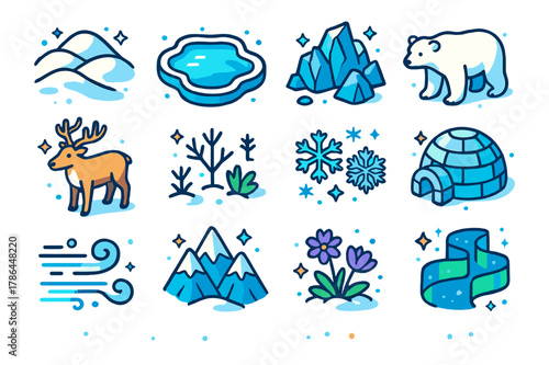 Icy Plains Icons. Icy plains. Colorful isometric vector icons set of icy plains: snow-covered hills, frozen lake, icy rocks, polar bear, reindeer, sparse