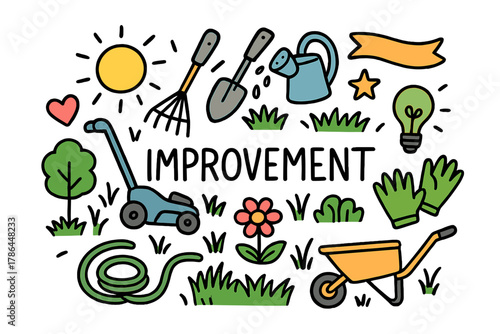 Lawn Care Doodle. Lawn improvement. Hand-drawn doodle illustration of lawn improvement. Lawn mower, rake,