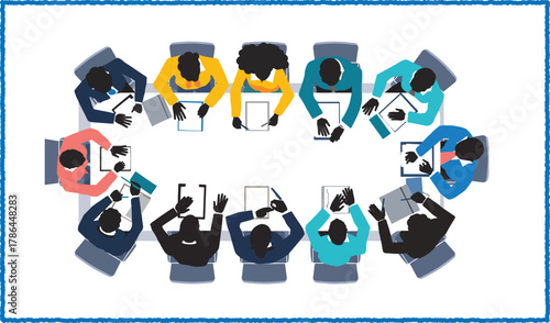Diverse Business Team Meeting Around Table Aerial View Illustration Style