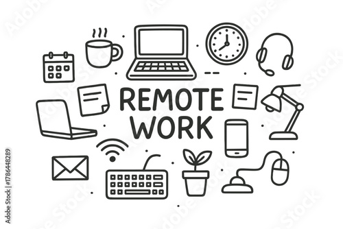 Remote Work Essentials. Remote Work. Hand-drawn doodle illustration of Remote Work. laptop, coffee cup, desk,