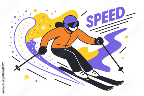 Dynamic Skiing Pose. Skiing Down a Slope. Powder arcs as the skier leans into a sweeping turn; snow crystals hang in the air like confetti. A bold ?SPEED? tag