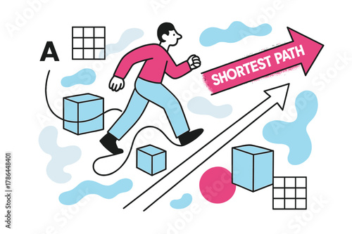 Shortest Path Diagram. Vector Displacement Diagram. A figure walks around obstacles, but a clean arrow cuts directly from A to B; ?Shortest Path? glows near