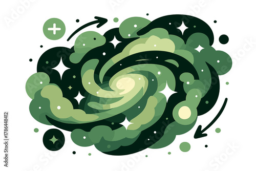 Dynamic Galaxy Illustration. Galaxy formation. Clouds of glowing gas and stars spiraling under gravitational