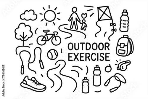 Outdoor Exercise Doodles. Outdoor Exercise. Hand-drawn doodle illustration of Outdoor Exercise. tree, sun,