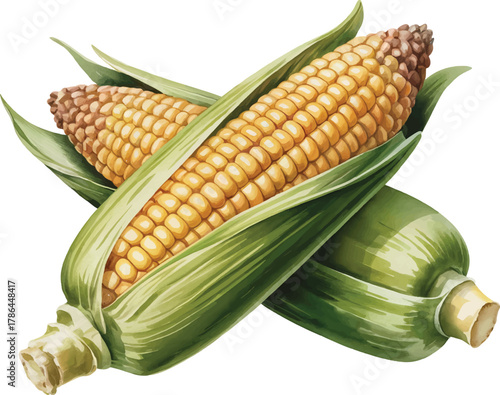 yellow corn on the cob with green husks, natural food
