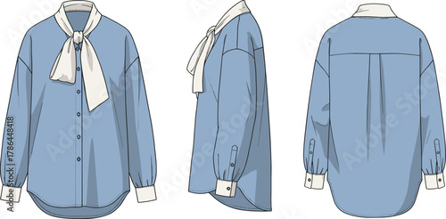 Elegant women's blue blouse with white bow tie neck, long puff sleeves, button front, and stylish casual formal design