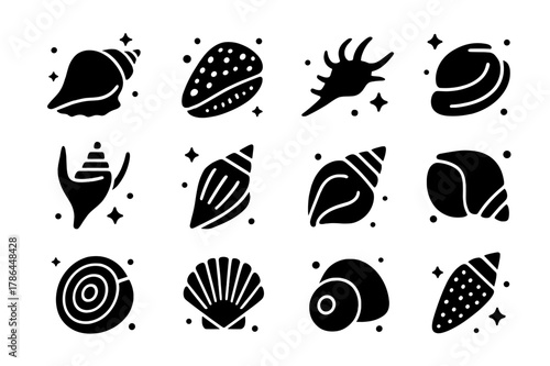 Tropical Shell Icons. Tropical Shells. Solid icons set of Tropical Shells: queen conch, tiger cowrie, triton trumpet, spider conch, harp shell, mitre shell,