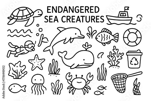 Endangered Ocean Doodles. Endangered Sea Creatures. Hand-drawn doodle illustration Endangered Sea Creatures turtle, dolphin, whale, fish, coral reef, starfish,
