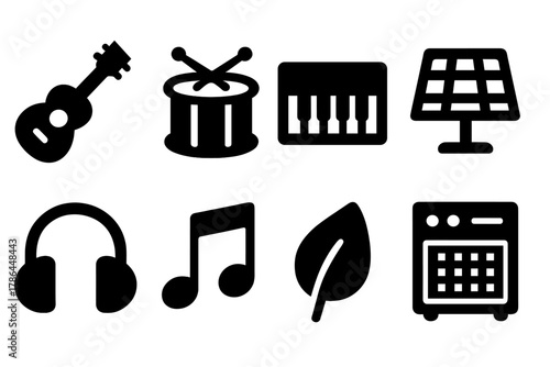 Eco Music Gear Icons. Eco-Friendly Music Gear. Filled icon set of Eco-Friendly Music Gear: guitar, drum,