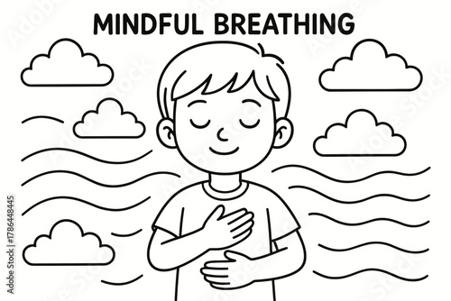 Peaceful Breathing Child. Mindful breathing children?s coloring book illustration, outlined drawing, child