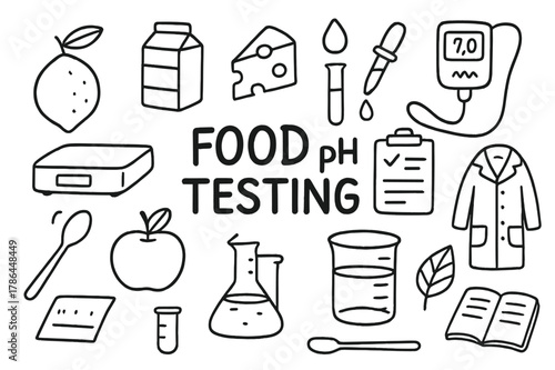 Food pH Testing Icons. Food pH testing. Hand-drawn doodle illustration Food pH testing lemon, milk carton, cheese slice, test tube, droplet, probe, digital