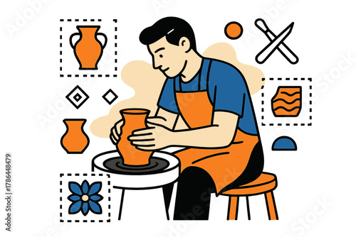 Potter's Craftsmanship. Traditional skills. A potter shaping clay on a wheel, floating geometric icons of clay