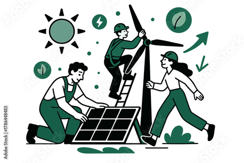 Renewable Energy Harmony. Renewable energy projects. Solar panels, wind turbines, and technicians; floating