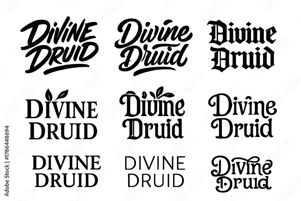 Fototapeta premium Druid Lettering Variations. Divine Druid. Set lettering. harmonious lettering variations of the same emblematic concept (Dynamic brushstroke graffiti