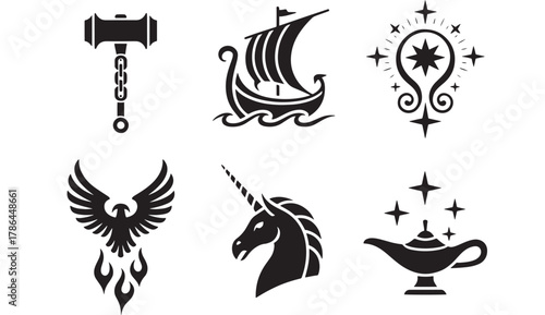 Set of mythical creature and object icons simple flat vector design elements isolated on white background