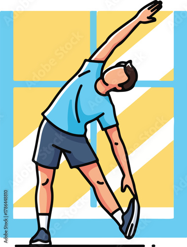 Man Doing Side Bend Stretch Exercise Indoors for Fitness and Warm up Illustration