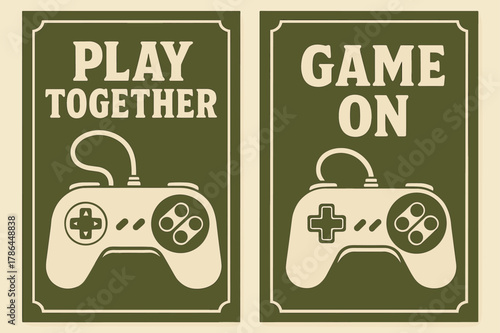 Retro Gaming Banners. Gaming Community. Two vertical A6 banners with safe margins, centered composition, no elements touching edges, retro, olive green and