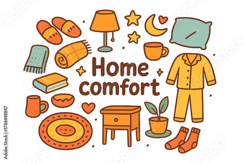 Cozy Home Doodles. Home comfort. Hand-drawn doodle illustration of Home comfort. Slippers, blanket, rug, lamp,