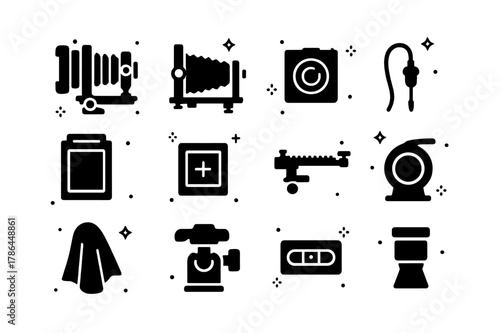 Large Format Camera Icons. Large Format Cameras. Solid icons set of Large Format Cameras: field camera, monorail camera, bellows, lens board, sheet film