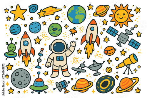 Colorful Space Adventure. Space exploration. Colorful Hand-drawn doodle Children illustration space exploration stars, planets, rockets, astronauts, aliens,