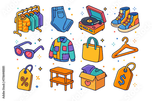 Thrift Store Icons. Thrift store finds. Colorful isometric vector icons set of Thrift store finds: vintage shirt rack, used jeans, record player, old sneakers,