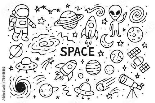 Space Doodles. Space. Hand-drawn doodle illustration Space stars, planets, rockets, astronauts, aliens, galaxies, nebulas, comets, meteors, black holes,