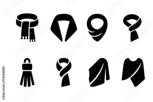 Scarf Icon Collection. Scarves and wraps. Filled icon set of scarves and wraps: scarf, shawl, pashmina, neck