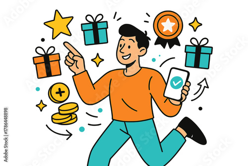 Digital Membership Rewards. Membership perks. Person receiving digital rewards and loyalty points; floating