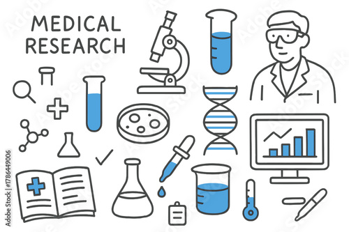 Medical Research Doodles. Medical research. Hand-drawn doodle illustration Medical research microscope, colored test tube, scientist, laboratory, experiment,
