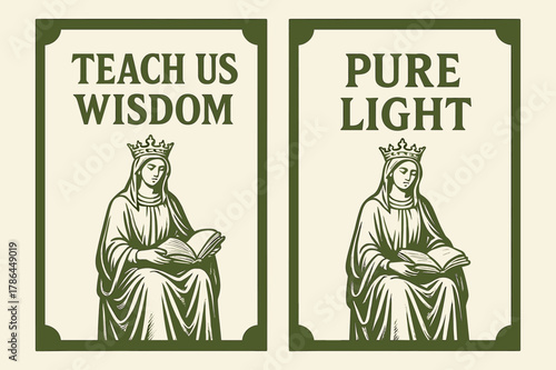 Teach Us Wisdom Banner. Seat of Wisdom. Two vertical A6 banners with safe margins, centered composition, no elements touching edges, retro, olive green and