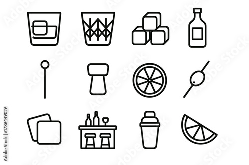 Cocktail Icon Set. Cocktail hour. Line icon set of cocktail hour: whiskey glass, crystal glass, ice cubes, bottle, cocktail stirrer, cork, lemon slice, olive,