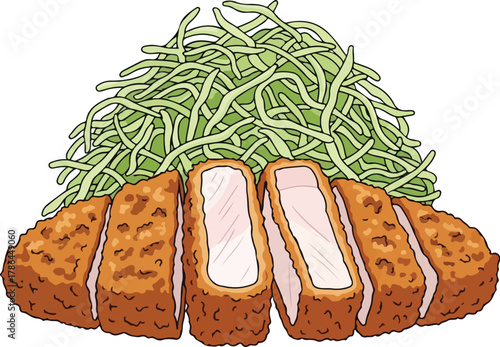 Delicious Japanese Tonkatsu Pork Cutlet with Shredded Cabbage Illustration