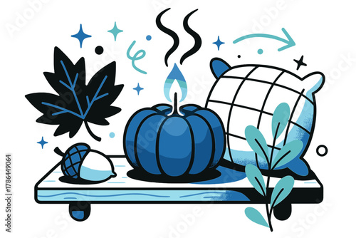 Pumpkin Candle Glow. Pumpkin candles. A glowing candle shaped like a pumpkin on a wooden shelf, surrounded by