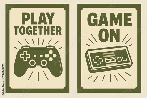 Retro Gaming Banners. Gaming Community. Two vertical A6 banners with safe margins, centered composition, no elements touching edges, retro, olive green and