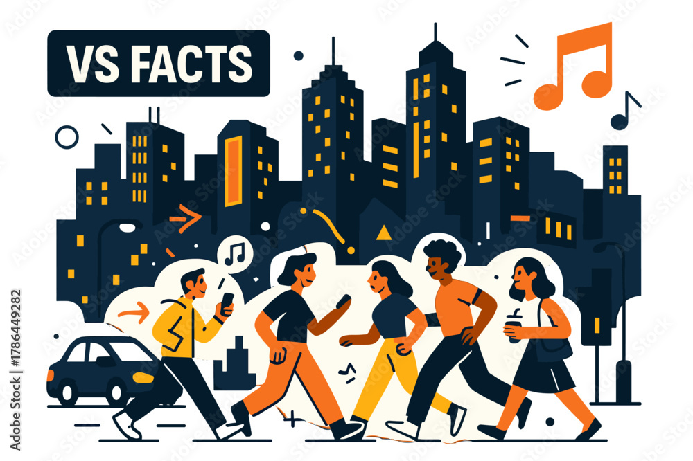 Obraz premium Vibrant City Vibes. VS FACTS. Vibrant cityscape, bustling streets, towering skyscrapers, neon lights. Cars moving, people walking, music playing. Modern flat