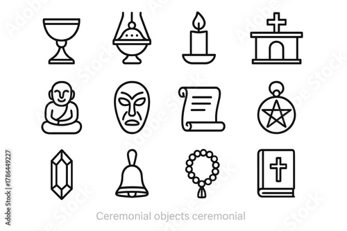 Ceremonial Icon Set. Ceremonial objects. Line outline icon set of ceremonial objects: chalice, incense burner,