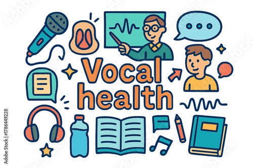 Vocal Health Doodle. Vocal health. Hand-drawn doodle illustration of vocal health. Microphone, vocal cords,