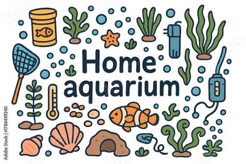 Home Aquarium Design. Home aquarium. Hand-drawn doodle illustration of Home aquarium. Fish tank, coral,