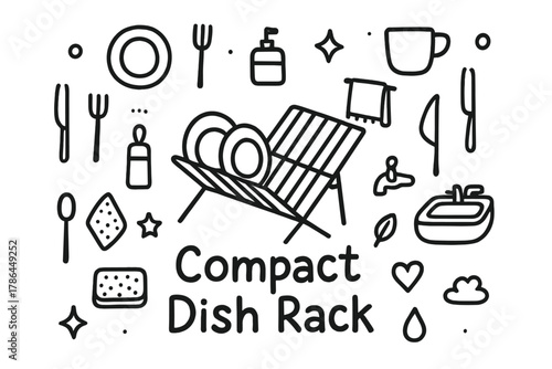 Compact Dish Rack. Compact Dish Rack. Hand-drawn doodle illustration of Compact Dish Rack. In the middle, one