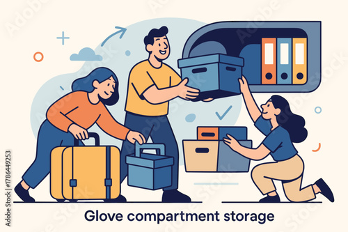 Organized Storage Chaos. Glove compartment storage. A suitcase, a storage box, a shelf with labeled folders. Modern flat vector scene with expressive, stylized
