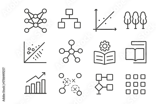 Machine Learning Icons. Machine learning algorithms. Line outline icon set of machine learning algorithms:
