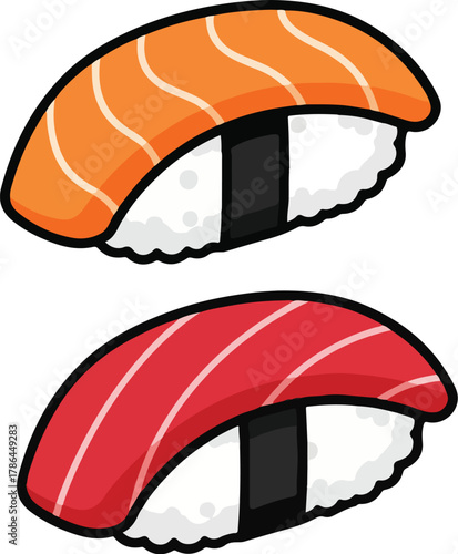 Cute Cartoon Illustration of Salmon Nigiri Sushi Duo on White Background