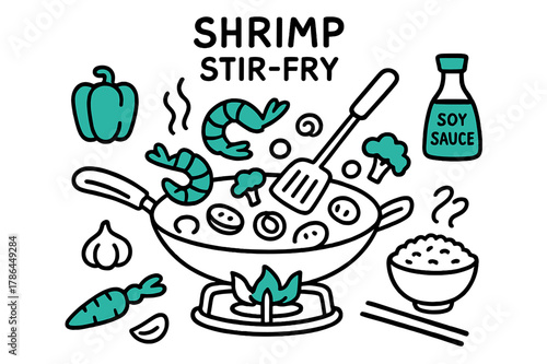 Shrimp Stir-Fry Doodle. // Shrimp stir-fry. Hand-drawn doodle illustration Shrimp stir-fry [shrimp (accented), wok pan (accented), spatula (accented), bell