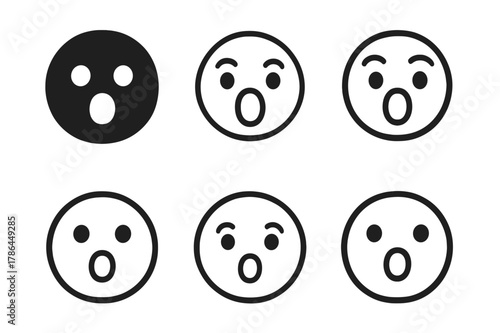 Shocked Emoji Logos. Shocked emoji. Set Logo of Shocked emoji: round face with O-mouth. harmonious logo variations of the same emblematic concept, each with
