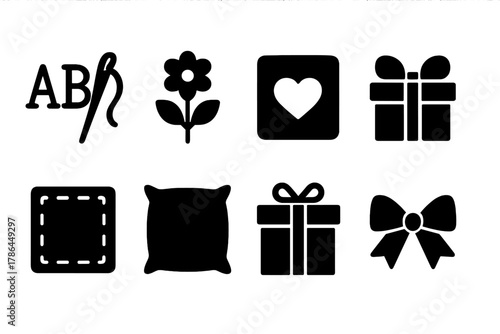 Personalized Gift Icons. Personalized gifts. Filled icon set of personalized gifts: embroidered initials,